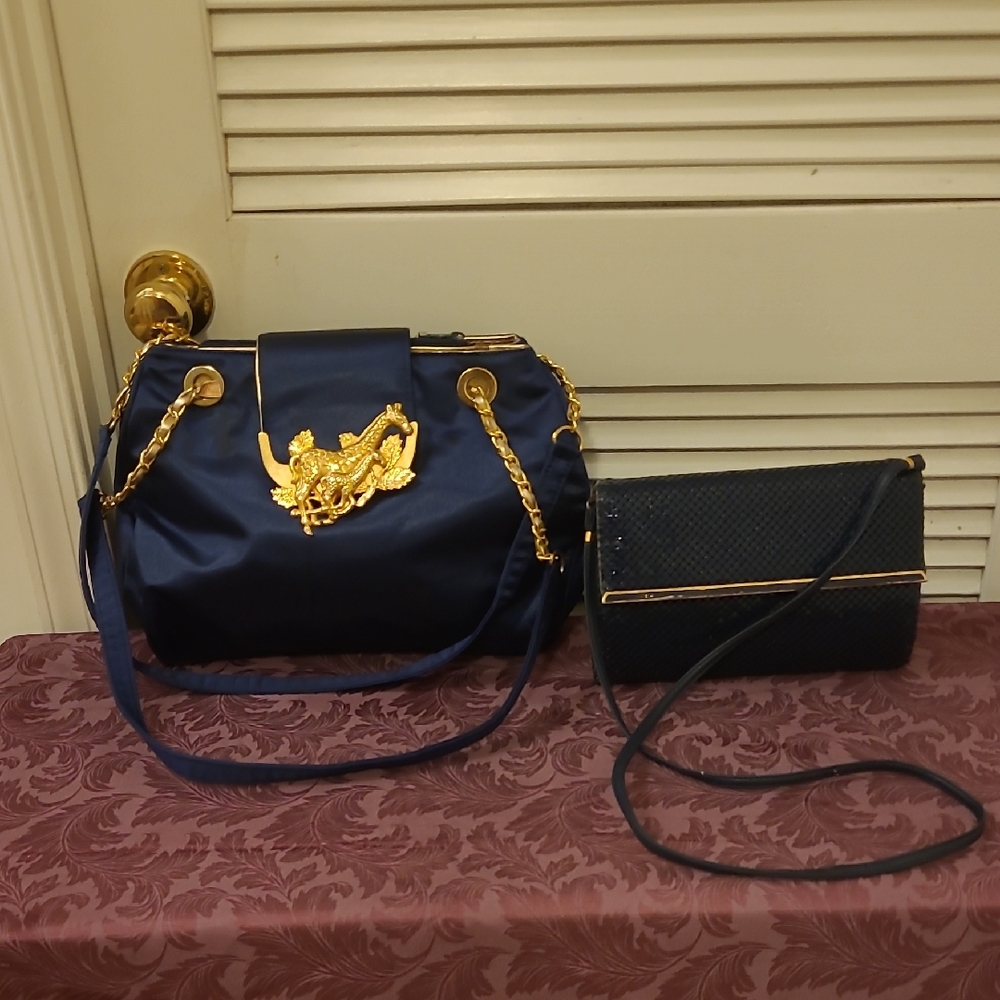 2 Chic Navy Shoulder Bag with Gold Detailing and Clutch Purse with gold trimming